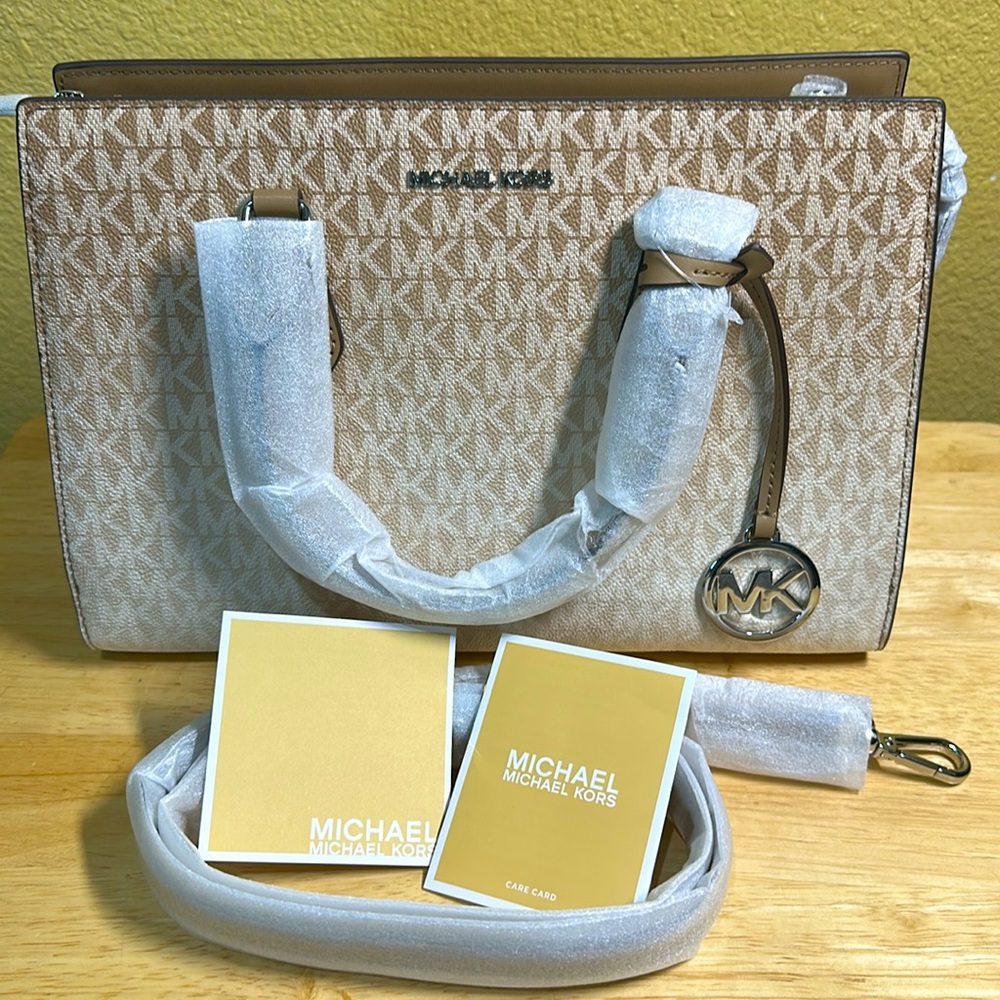 Michael Kors Beige Logo Satchel with Tan Trim